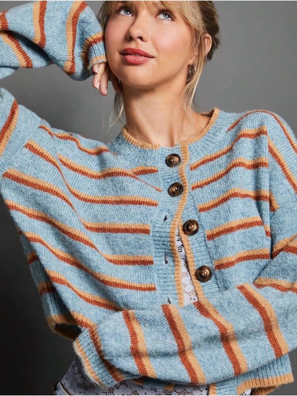 Striped Blue and Tan Button-Front Women's Sweater Cardigan